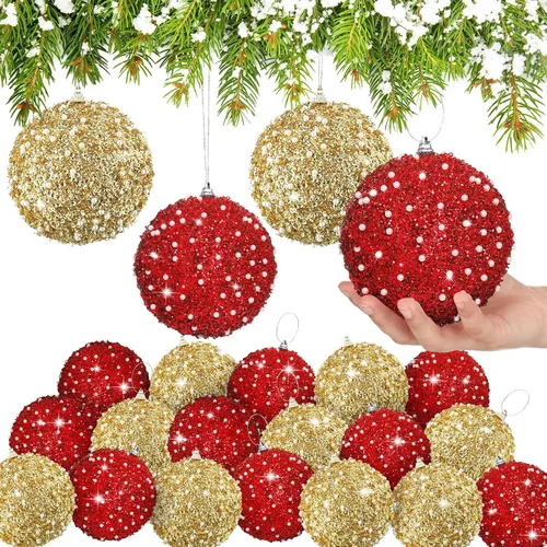 Vista 28 de Lyrow 24 piezas 3.15" Juego de adornos de bola de Navidad con purpurina, bola de espuma con lentejuelas colgante, decorativa, en masa, para árbol