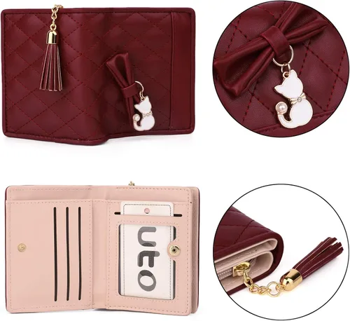 Vista 4 de UTO Cartera de piel sintética para mujer, de gran capacidad, colgante de gato, soporte para teléfono, organizador de chequera, con cremallera