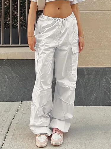 Vista 2 de Xineicy Pantalones de paracaídas para mujer, pantalones cargo holgados con cordón, pantalones Y2K, pantalones de correr de baja altura, pantalones