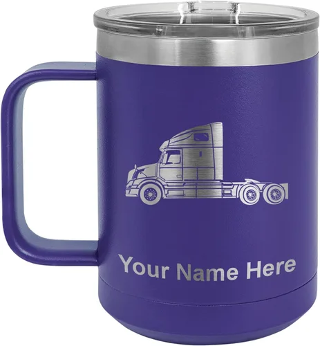 Vista 48 de LaserGram Taza de café aislada al vacío de 15 onzas, cabina de camión, grabado personalizado incluido (negro)