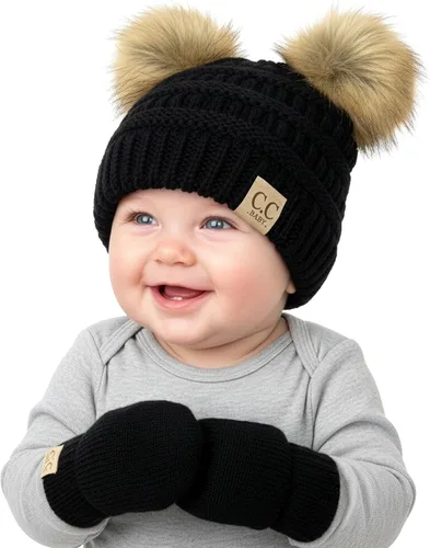 Vista 14 de Funky Junque Conjunto de gorro y mitones con doble pompón de pelo sintético para bebé – Gorro de invierno para recién nacidos de 0–9 meses