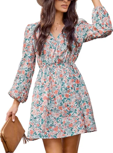 Vista 10 de CUPSHE Mini vestido floral con volantes, manga campesina, vestido de otoño, casual, vacaciones Negro