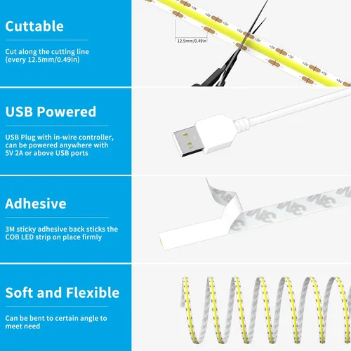 Vista 6 de Tira de luces LED COB USB 5V 3.28ft/1M, Blanco natural 4000K Tira de cinta LED COB regulable alimentada por USB de alta densidad, cinta LED flexible