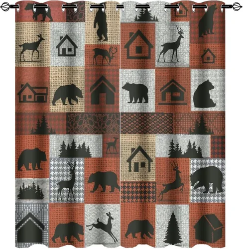 Vista 46 de Cortinas de oscurecimiento estilo campestre con osos, alces y ciervos, cortinas opacas para ventanas con ojales, tratamiento de ventanas eficiente