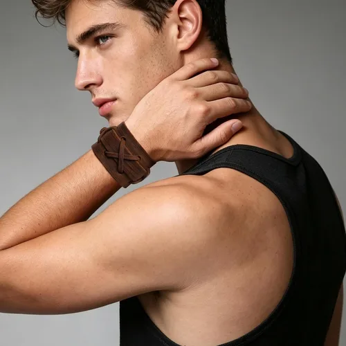 Vista 2 de HZMAN Pulseras de Cuero Marrón Pulsera de Puño de Cuero para Hombre Pulsera de Muñequera Ajustable Joyería de Regalo
