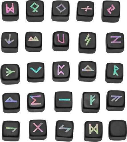 Vista 6 de Rockcloud Juego de 25 piedras de runa de obsidiana negra pulida, grabadas con letras del alfabeto Futhark para meditación, adivinación, color negro