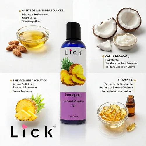 Vista 3 de Lick Aceite de masaje con sabor a piña con vitamina E, aceite corporal dulce comestible para masaje de parejas, mezcla de aceite de coco fraccionado