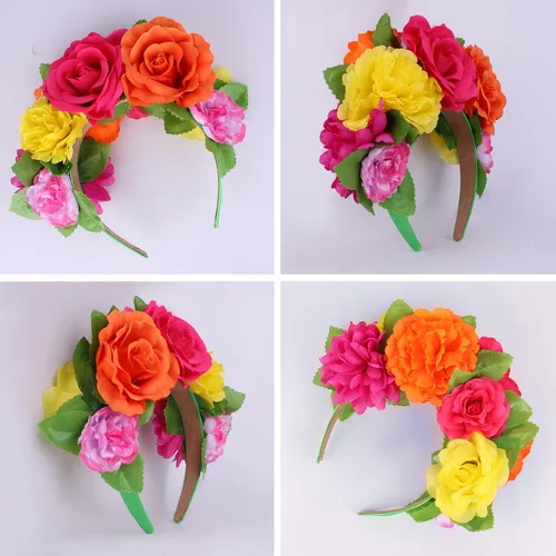 Vista 24 de DreamLily Frida Kahlo NC26 - Diadema con corona de rosas mexicanas para disfraz de fiesta de Halloween