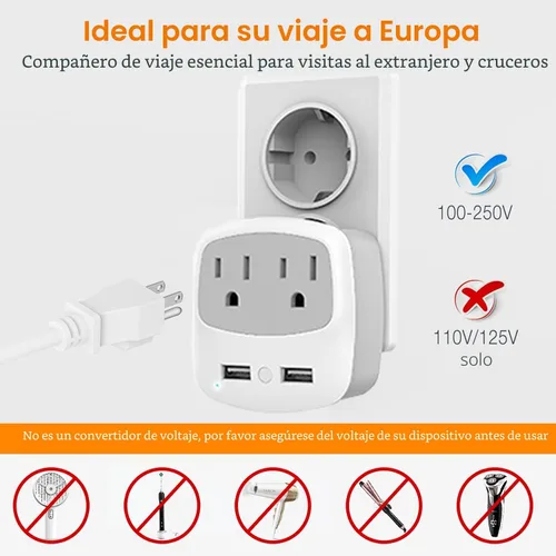 Vista 3 de TESSAN Convertidor de adaptador de enchufe europeo de viaje International Power Plug Converter, 2 USB Ports, Type C Outlet, US to Most of Europe