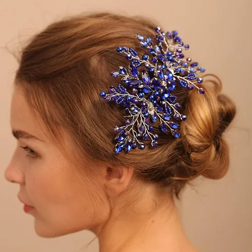 Vista 3 de Peine de pelo de ópalo zafiro real para mujer, accesorio de boda con flores de cristal azul, regalo para ella, tocado de fiesta para novia, dama