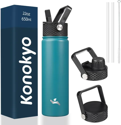 Vista 76 de Konokyo - Botella de agua aislada de 18 onzas, botellas deportivas de acero inoxidable con 3 tapas, verde militar