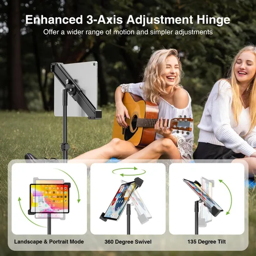 Vista 5 de elitehood Trípode de aluminio resistente para tableta, soporte de trípode ajustable para iPad con inclinación giratoria de 360 grados, soporte