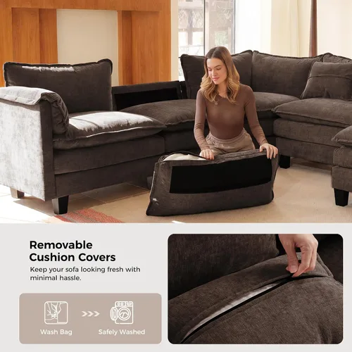 Vista 7 de ELUCHANG Sofá modular en forma de V de 114 pulgadas, sofá modular modular con almohadas de tiro, 5 asientos con esquina cómodo sofá profundo Marrón