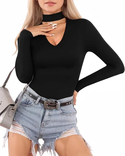 Vista 2 de MANGOPOP Mock Turtleneck V Neck Long Sleeve Bodysuit for Women Cutout Front Body Suit Sexy
