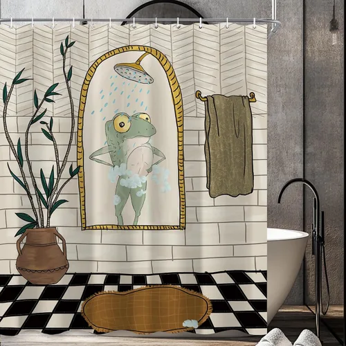 Vista 4 de Juego de cortina de ducha divertida con diseño de ranas para el baño 60x72 pulgadas, cortina de ducha retro linda con diseño de ranas, cortina
