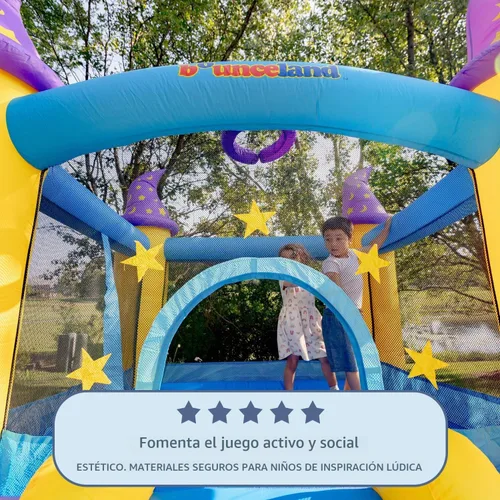 Vista 4 de Casa hinchable de mago Bounceland, área espaciosa de rebote con tobogán divertido, entrada segura con cierre de gancho y bucle, aro de baloncesto