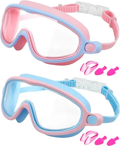 Vista 25 de Swim Goggles 2 Pack, Wide View Anti Fog&UV Swimming Goggles for Audlt, No Leak Pool Beach Essentials for Men Women Azul claro y rosa espejado