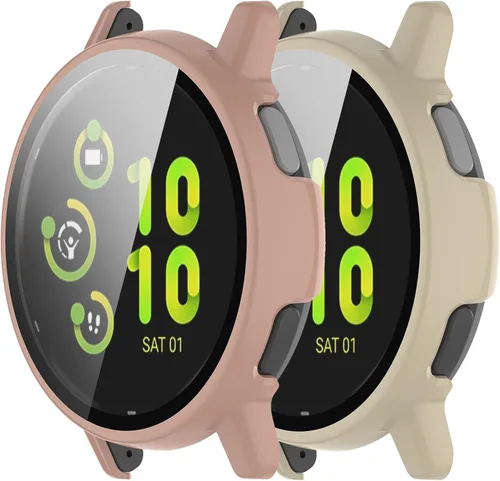 Vista 9 de Protector de pantalla diseñado para Garmin Vivoactive 5 con película de vidrio templado, carcasa de policarbonato duro, cubierta completa, Negro