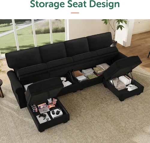 Vista 3 de HONBAY Sofá modular convertible con almacenamiento en forma de U con diván reversible para sala de estar, negro medio negro (Mid Black)