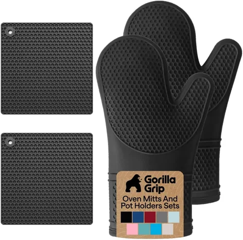 Vista 21 de GORILLA GRIP - Juego de guantes de horno de silicona suave sin BPA, guantes de cocina resistentes al calor e impermeables, forro de algodón grueso