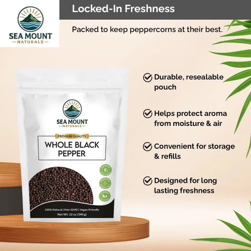 Vista 6 de Sea Mount Naturals Tellicherry - Granos de pimienta negra, 12 onzas (11.99 oz) Pimienta negra entera natural para molinillos Kosher, sin OMG