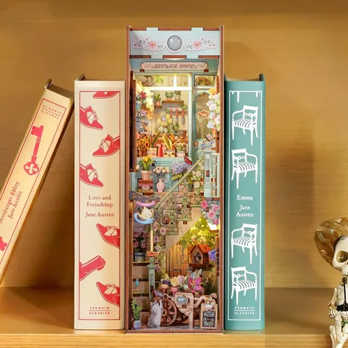 Vista 2 de Tonecheer Kit de rincón de libros para adultos, rompecabezas 3D de madera de Booknook, kit de casa en miniatura, decoración de estantería