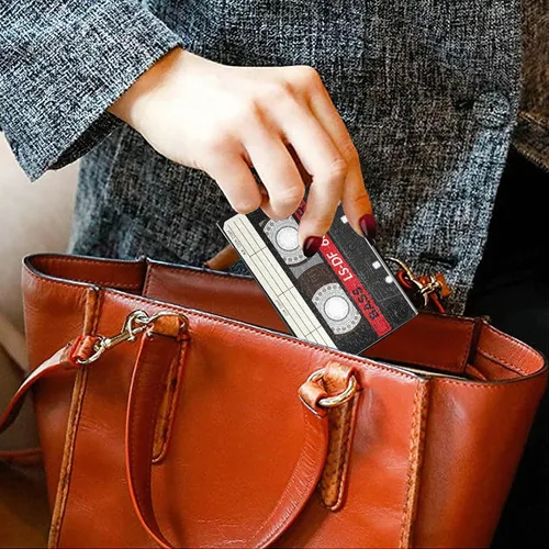 Vista 5 de ALAZA Titular de la tarjeta de visita de la vendimia de la música del casete de audio de cuero de acero inoxidable delgado bolsillo cartera