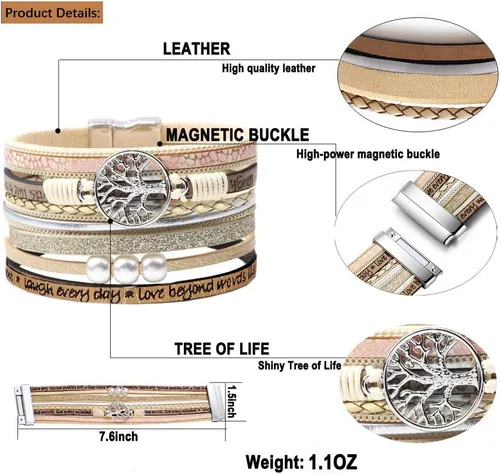 Vista 4 de Pulseras inspiradoras de cuero del árbol de la vida para mujeres, cumpleaños, día de la madre, regalos de joyería para adolescentes y niñas