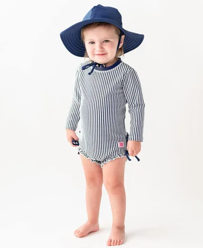 Vista 2 de RuffleButts Azul marino Seersucker Manga Larga Rash Guard One Piece - 2T, Azul
