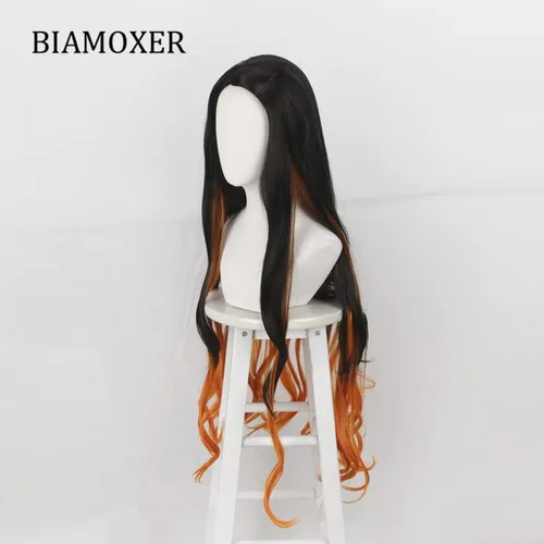Vista 2 de Peluca de cosplay de 37.4in Nezuko Kamado Cosplay Pelucas Anime Demon Slayer Kimetsu no Yaiba Peluca de pelo largo degradado Cosplay