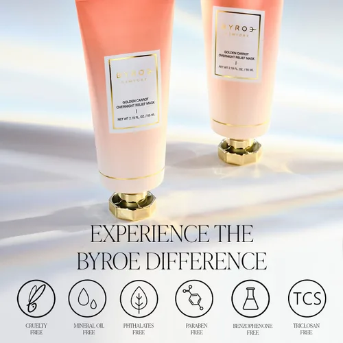 Vista 4 de BYROE Golden Carrot Relief Mask Mascarilla facial durante la noche con colágeno vegano Hidrata intensamente, ilumina y calma la piel reactiva