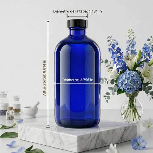 Vista 3 de Botellas de vidrio azul de 16 onzas con tapas reutilizables (paquete de 2), botella de almacenamiento Boston, dispensación para extracto de vainilla