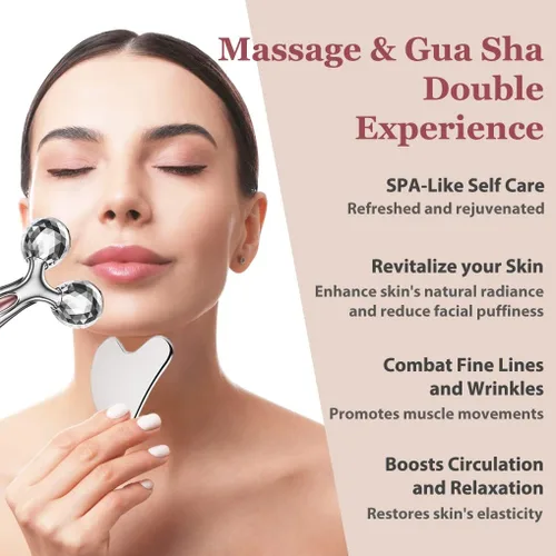 Vista 2 de Juego de rodillos de acero inoxidable Gua Sha y cara, herramienta facial para esculpir la cara, cuidado de la piel de metal, masajeador para mujeres