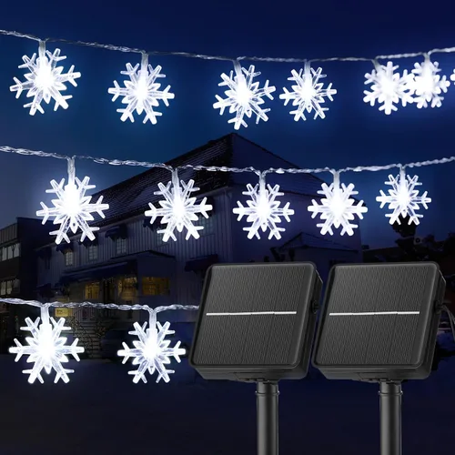 Vista 18 de Brightown Guirnalda de luces solares de copo de nieve de Navidad, 2 unidades, 100 luces LED de 39 pies para exteriores, impermeables, con 8 modos
