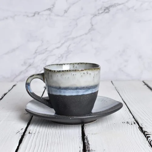 Vista 6 de Bosmarlin Juego de 2 tazas de café de gres con platillo para café con leche, capuchino, té, onzas, lavavajillas y microondas (negro, 2)