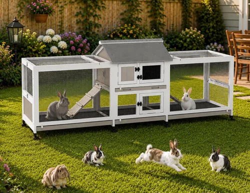 Vista 10 de Gowoodhut Conejera de 38.19 pulgadas de largo para interiores y exteriores con 4 ruedas, jaula de madera para conejo con bandeja extraíble a prueba