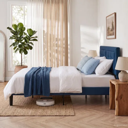 Vista 8 de VECELO Base de cama tamaño matrimonial, cabecera tapizada ajustable con botones, marco de cama resistente con soporte de listones de madera,