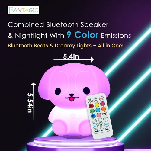 Vista 2 de Altavoz Bluetooth combinado y luz nocturna con 9 emisiones de color, silicona apta para niños y libre de BPA, recarga USB, recibe audio