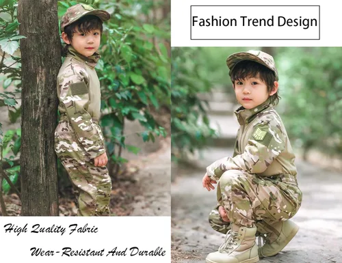 Vista 5 de CHERISH Disfraz de camuflaje para niños BDU de caza militar de camuflaje chaqueta y pantalones con sombrero en la cintura