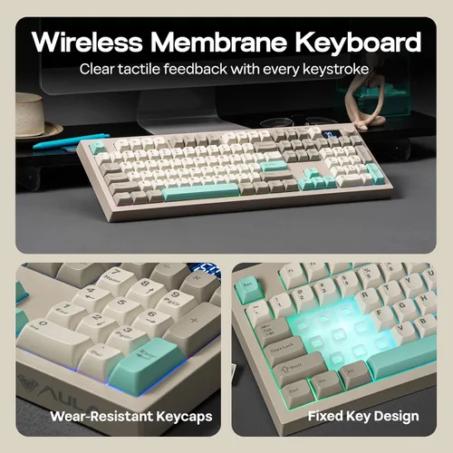 Vista 6 de EPOMAKER Aula S102 PRO Membrane Gaming Keyboard with TFT Screen, Volume Knob & Number Pad, BT/2.4G/USB, RGB Backlit, Creamy Silicone Structure, Grey