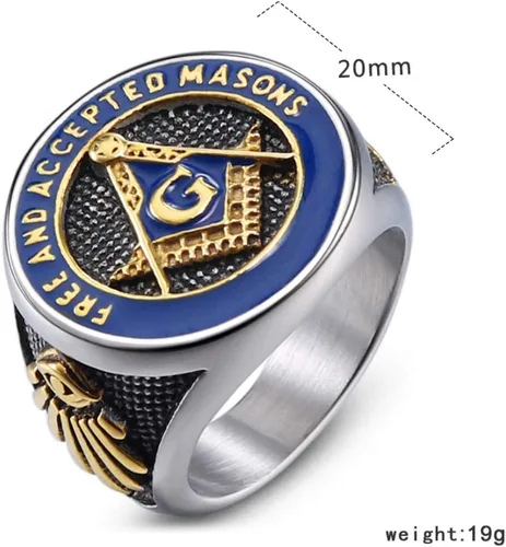 Vista 4 de Anillos de masón sin masones para hombre, de acero inoxidable, anillo de masón, plateado, azul, francmasonería, punk, motero, alianza de boda
