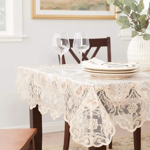 Vista 6 de Violet Linen Elegantes manteles de terciopelo con diseño floral transparente de lujo, color gris topo, 45 x 45 pulgadas