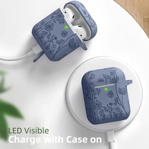 Vista 8 de Lerobo - Funda grabada con flores para estuche de AirPods, protector de silicona suave y elegante con llavero, compatible con estuche de carga