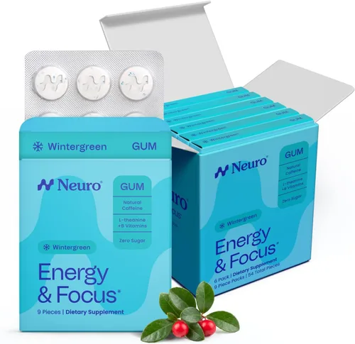 Vista 14 de Neuro Energy & Focus Gum - Goma de mascar de cafeína natural de 40 mg y suplemento energético nootrópico con L-teanina y vitaminas B, sin azúcar