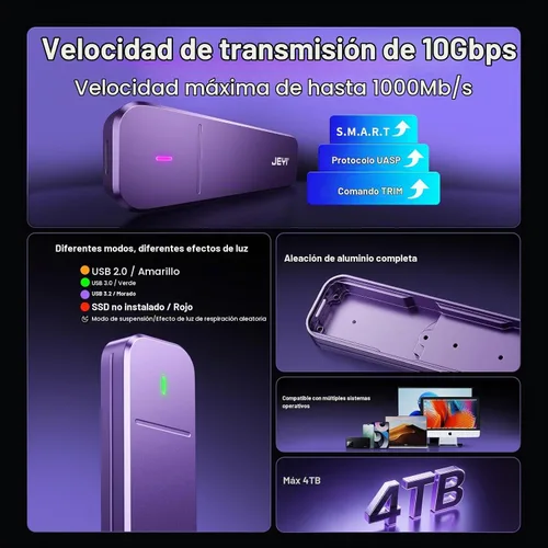 Vista 2 de JEYI Carcasa SSD NVMe, adaptador/lector M.2 a USB C de 10 Gbps, refrigeración de aluminio, teclas M, compatible con SSD 2230/2242/2260/2280