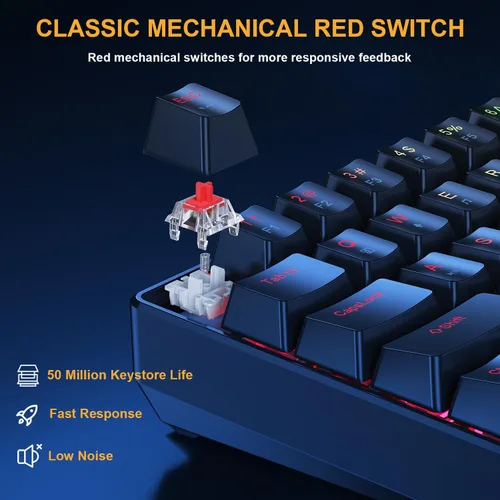 Vista 2 de BlueFinger Combo de teclado y mouse mecánicos para juegos 60% – Teclado RGB con retroiluminación arcoíris de 61 teclas con interruptor rojo y 4 DPI
