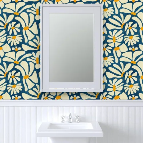 Vista 9 de Spoonflower Despegar y pegar papel tapiz Swatch - Retro Daisy Flower Power Blue Floral Vintage Groovy 70S 60S Papel pintado extraíble personalizado