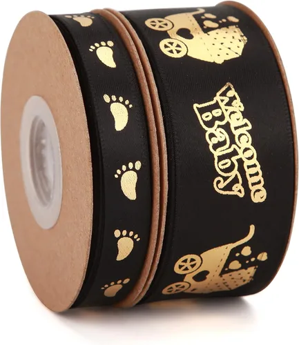 Vista 2 de Meseey 2 rollos en total de 20 yardas de cinta de bienvenida para bebé, cintas negras y doradas con estampado de pies para manualidades, pasteles