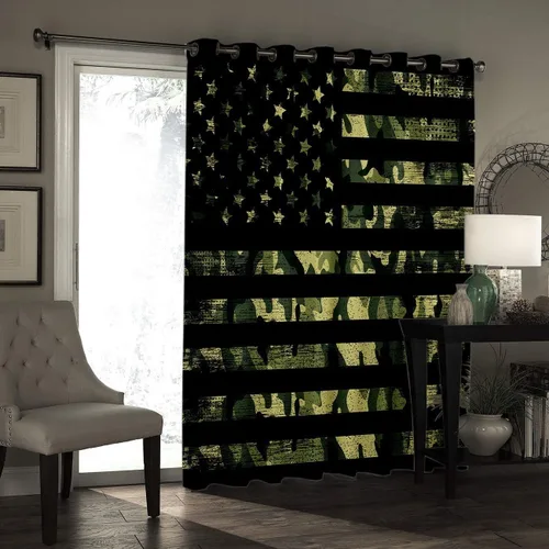 Vista 3 de Cortinas opacas con diseño militar de camuflaje verde rústico, con bandera estadounidense, cortinas opacas con aislamiento térmico para ventana, 1
