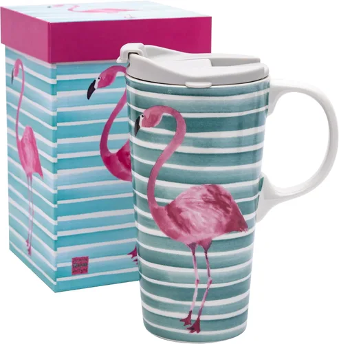 Vista 9 de Taza de cerámica Topadorn de porcelana para café con leche y té con caja de regalo, 17oz. Taza de viaje con tapa, estilo de navegación vintage